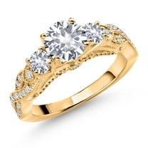 Gem Stone King 18K Yellow Gold Plated Silver White Created Sapphire and White Moissanite Engagement Ring for Women (1.53 Cttw, Gemstone September Birthstone, Round 6MM and 3MM, Size 6)