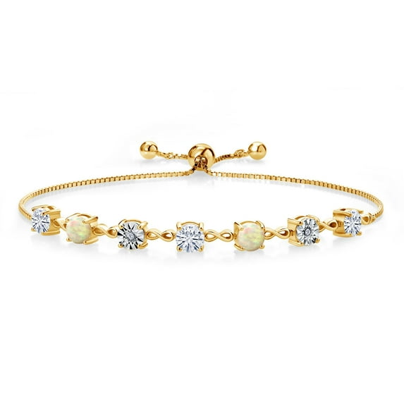 Gem Stone King 18K Yellow Gold Plated Silver White Ethiopian Opal Lab Grown Diamond Tennis Bracelet for Women Set with Moissanite (2.11 Cttw, Fully Adjustable up to 9 inch)