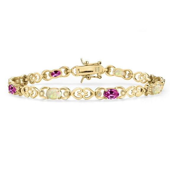 Gem Stone King 18K Yellow Gold Plated Silver White Ethiopian Opal and Pink Created Sapphire and Lab Grown Diamond Bracelet for Women | 3.29 Cttw | Gemstone October Birthstone | Oval Cabochon 6X4MM