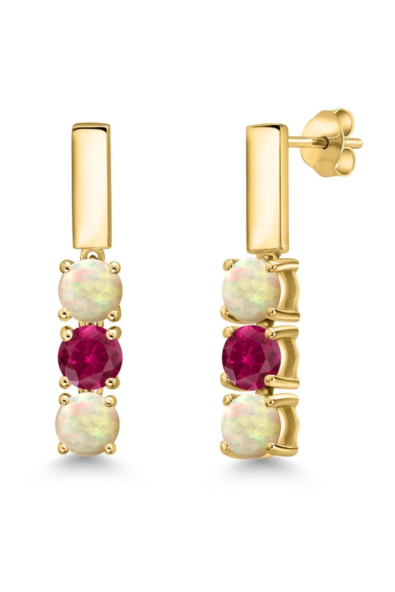 18K Yellow Gold Plated Silver White Ethiopian Opal and Red Created Ruby Drop Dangle Earrings for Women | 1.20 Cttw | Gemstone October Birthstone | Round Cabochon 5MM