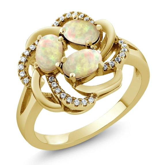 Gem Stone King 18K Yellow Gold Plated Silver White Ethiopian Opal Ring for Women (1.33 Cttw, Oval Cabochon 6X4MM, Gemstone Birthstone, Available in Size 5, 6, 7, 8, 9)