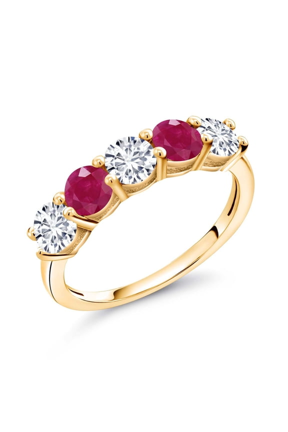18K Yellow Gold Plated Silver White Lab Grown Diamond and Red Ruby Wedding Band Ring for Women (1.01 Cttw, Round 3.5MM, Gemstone April Birthstone, Size 9)