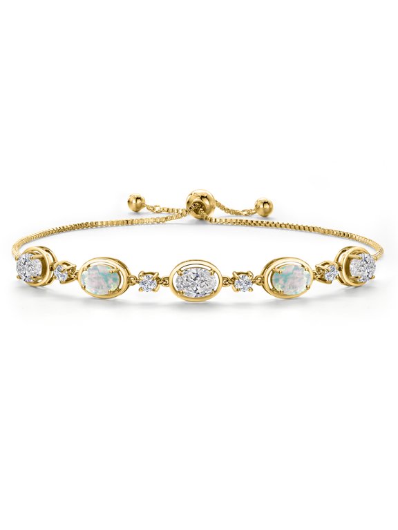18K Yellow Gold Plated Silver White Lab Grown Diamond and Simulated White Opal Bracelet for Women | 4.10 Cttw | Gemstone April Birthstone | Oval 7X5MM | Fully Adjustable 9 inch