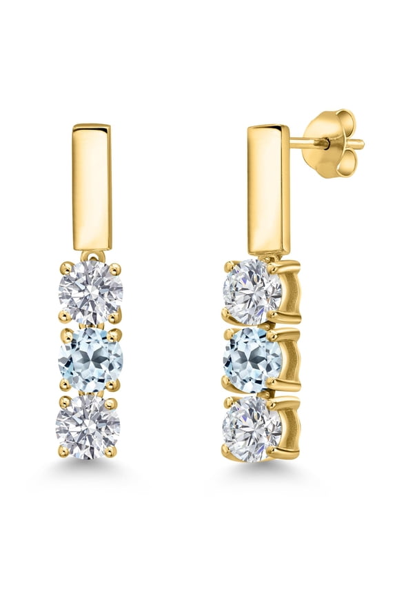 18K Yellow Gold Plated Silver White Lab Grown Diamond and Sky Blue Topaz Drop Dangle Earrings for Women | 1.70 Cttw | Gemstone April Birthstone | Round 5MM