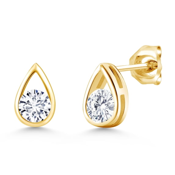 Gem Stone King 18K Yellow Gold Plated Silver White Lab Grown Diamond Teardrop Stud Earrings for Women Men (1.00 Cttw, Gemstone April Birthstone, Round 5MM)