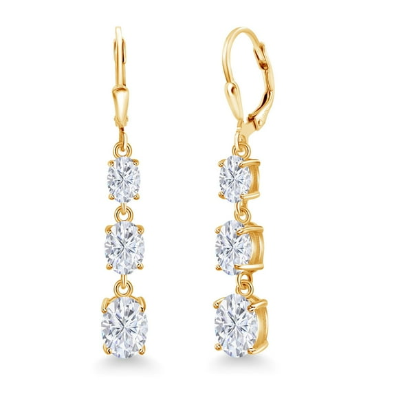 Gem Stone King 18K Yellow Gold Plated Silver White Moissanite 3 Stone Dangle Earrings for Women (5.80 Cttw, Gemstone Birthstone, Oval 8X6MM, 7X5MM and 6X4MM)