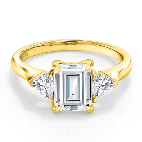 Gem Stone King 18K Yellow Gold Plated Silver White Moissanite 3-Stone Ring for Women (2.07 Cttw, 8X6MM Emerald Cut and 3.5 Trillion, Gemstone Birthstone, Size 8)