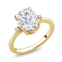 Gem Stone King 18K Yellow Gold Plated Silver White Moissanite 3 Stone Ring for Women (3.03 Cttw, Oval 10X8MM, Gemstone Birthstone, Size 9)