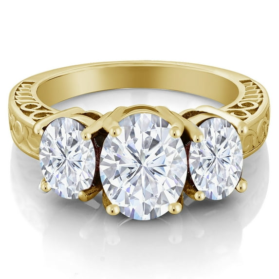 Gem Stone King 18K Yellow Gold Plated Silver White Moissanite 3-Stone Ring for Women (3.90 Cttw, Size 6)