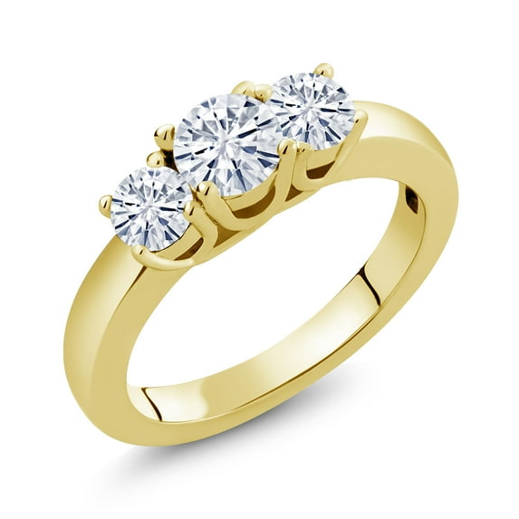 Gem Stone King 18K Yellow Gold Plated Silver White Moissanite 3-Stone Wedding Engagement Anniversary Promise Ring for Women | 0.96 Cttw | Round 5MM and 4MM | Size 5