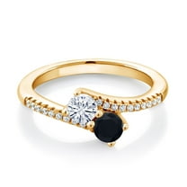 Gem Stone King 18K Yellow Gold Plated Silver White Moissanite and Black Onyx Bypass Ring for Women (0.69 Cttw, Gemstone Birthstone, Round 4MM, Size 8)