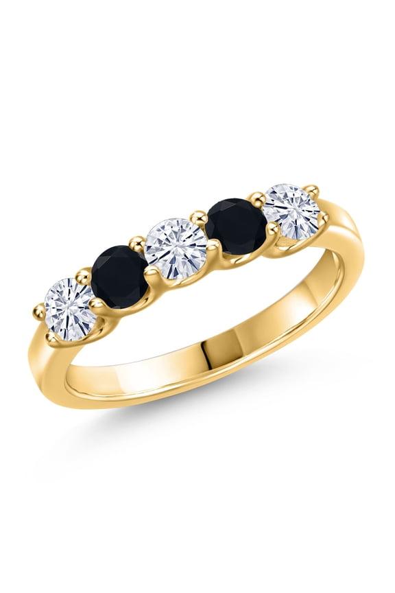 18K Yellow Gold Plated Silver White Moissanite and Black Onyx Wedding-Bands Ring for Women | 0.74 Cttw | Round 3.5MM | Gemstone Birthstone | Size 5