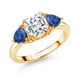 thumbnail image 1 of Gem Stone King 18K Yellow Gold Plated Silver White Moissanite and Blue Created Sapphire 3 Stone Engagement Ring for Women (2.78 Cttw, Gemstone Birthstone, Available in Size 5, 6, 7, 8, 9), 1 of 3