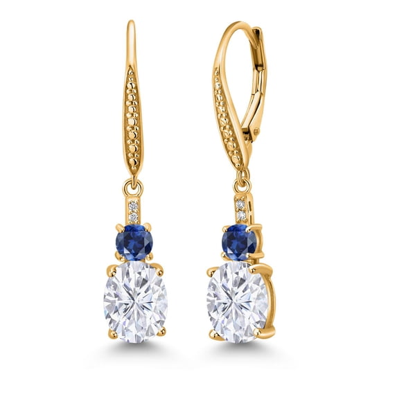Gem Stone King 18K Yellow Gold Plated Silver White Moissanite and Blue Created Sapphire Dangle Earrings for Women with Lab Grown Diamond (4.73 Cttw, Oval 9X7MM)