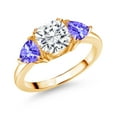 thumbnail image 1 of Gem Stone King 18K Yellow Gold Plated Silver White Moissanite and Blue Tanzanite 3 Stone Engagement Ring for Women (2.50 Cttw, Gemstone Birthstone, Size 9), 1 of 3