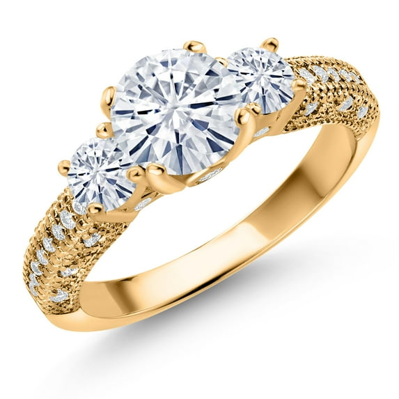 Gem Stone King 18K Yellow Gold Plated Silver White Moissanite Engagement Ring for Women (1.74 Cttw, Round 7MM and 4MM, Size 5)
