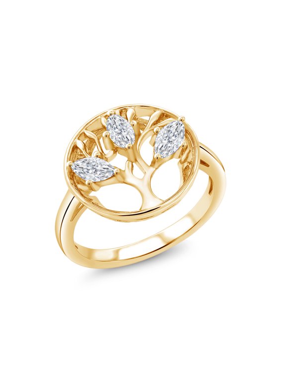 18K Yellow Gold Plated Silver White Moissanite Family Tree of Life Ring for Women (0.69 Cttw, Gemstone, Size 7)
