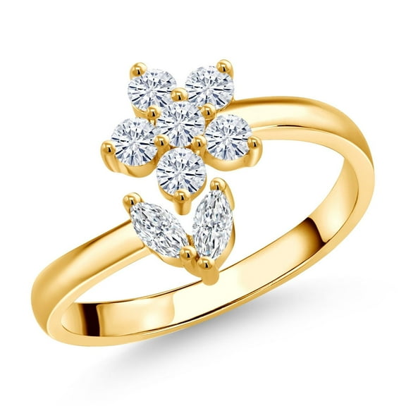 Gem Stone King 18K Yellow Gold Plated Silver White Moissanite Flower Open Ring for Women (0.53 Cttw, Gemstone Birthstone, Size 8)