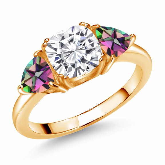 Gem Stone King 18K Yellow Gold Plated Silver White Moissanite and Green Mystic Topaz 3 Stone Engagement Ring for Women (2.90 Cttw, Gemstone Birthstone, Size 9)