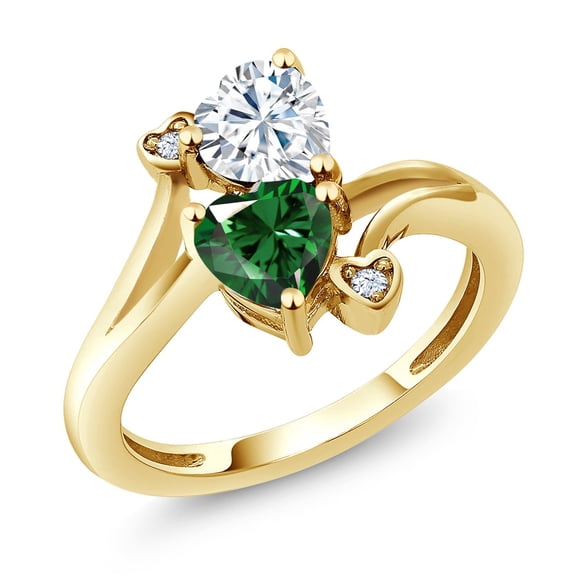 Gem Stone King 18K Yellow Gold Plated Silver White Moissanite Green Nano Emerald Ring for Women (1.53 Cttw, Heart Shape 6MM, Gemstone Birthstone, Size 7)