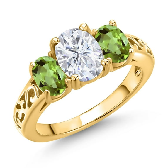 Gem Stone King 18K Yellow Gold Plated Silver White Moissanite and Green Peridot Filigree Style 3 Stone Ring for Women (2.50 Cttw, Oval 8X6MM and 6X4MM) (Size 6)