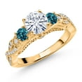 thumbnail image 1 of Gem Stone King 18K Yellow Gold Plated Silver White Moissanite and London Blue Topaz Engagement Ring for Women (1.33 Cttw, Gemstone, Round 6MM and 3MM, Size 9), 1 of 4