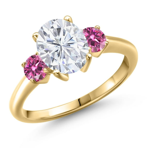 Gem Stone King 18K Yellow Gold Plated Silver White Moissanite and Pink Moissanite Engagement Ring for Women | 2.56 Cttw | Oval 9X7MM | Gemstone Birthstone | Size 6