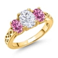 thumbnail image 1 of Gem Stone King 18K Yellow Gold Plated Silver White Moissanite and Pink Moissanite Filigree Style 3 Stone Ring for Women (2.42 Cttw, Oval 8X6MM and 6X4MM, Available in Size 5, 6, 7, 8, 9), 1 of 6