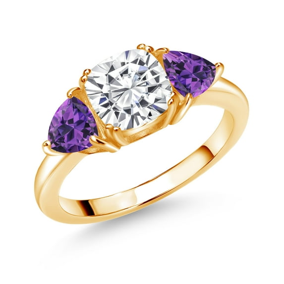 Gem Stone King 18K Yellow Gold Plated Silver White Moissanite and Purple Amethyst 3 Stone Engagement Ring for Women (2.50 Cttw, Gemstone Birthstone, Available in Size 5, 6, 7, 8, 9)