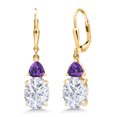 thumbnail image 1 of Gem Stone King 18K Yellow Gold Plated Silver White Moissanite and Purple Amethyst Dangle Earrings for Women (6.80 Cttw, Gemstone Birthstone, Oval 10X8MM, Trillion 5MM), 1 of 4