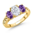 thumbnail image 1 of Gem Stone King 18K Yellow Gold Plated Silver White Moissanite and Purple Amethyst Filigree Style 3 Stone Ring for Women (2.40 Cttw, Oval 8X6MM and 6X4MM) (Size 5), 1 of 6