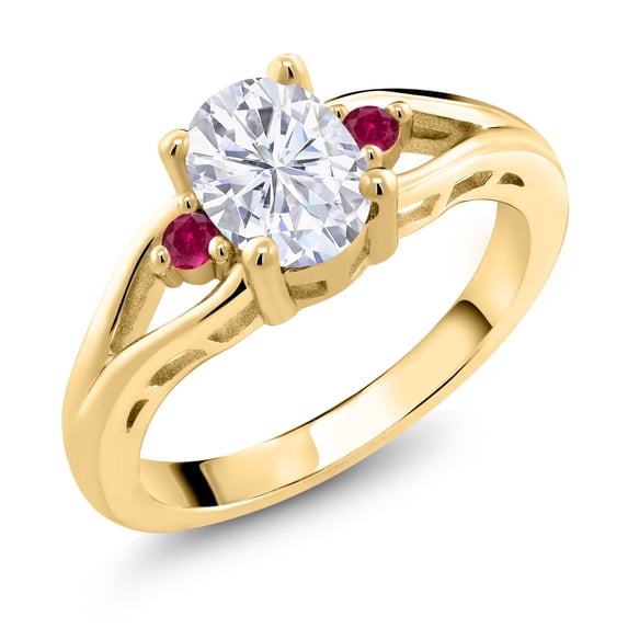 Gem Stone King 18K Yellow Gold Plated Silver White Moissanite and Red Created Ruby 3 Stone Engagement Ring for Women | 1.60 Cttw | Oval 8X6MM | Round 2MM | Gemstone Birthstone | Size 8