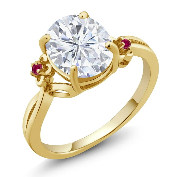 Gem Stone King 18K Yellow Gold Plated Silver White Moissanite and Red Created Ruby 3 Stone Ring for Women (3.03 Cttw, Oval 10X8MM, Gemstone Birthstone, Size 9)