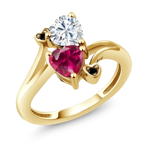 Gem Stone King 18K Yellow Gold Plated Silver White Moissanite Red Created Ruby and Black Diamond Ring for Women (1.80 Cttw, Heart Shape 6MM, Gemstone Birthstone, Size 5)