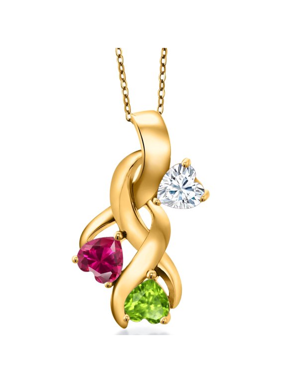 18K Yellow Gold Plated Silver White Moissanite and Red Created Ruby and Green Peridot Pendant for Women (1.52 Cttw, Gemstone, Heart Shape 5MM, 18 inch Chain)
