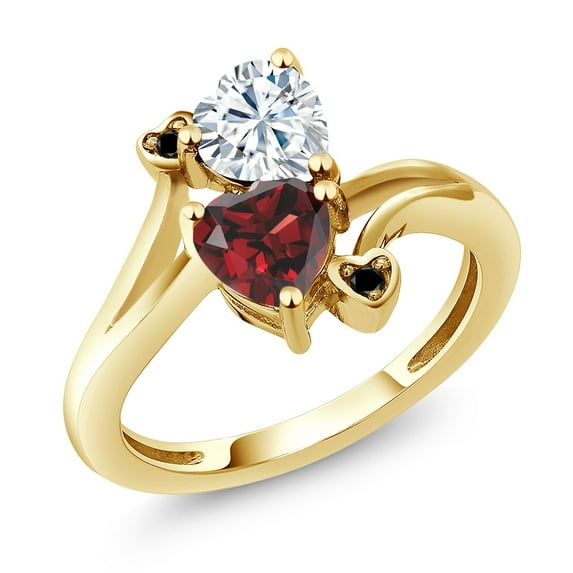 Gem Stone King 18K Yellow Gold Plated Silver White Moissanite Red Garnet and Black Diamond Ring for Women (1.83 Cttw, Heart Shape 6MM, Gemstone Birthstone, Size 8)