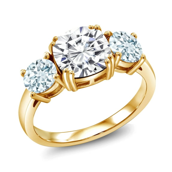 Gem Stone King 18K Yellow Gold Plated Silver White Moissanite and Sky Blue Aquamarine 3 Stone Engagement Ring for Women (3.40 Cttw, Gemstone, Cushion 8MM, Size 5)