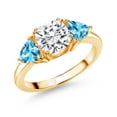 thumbnail image 1 of Gem Stone King 18K Yellow Gold Plated Silver White Moissanite and Swiss Blue Topaz 3 Stone Engagement Ring for Women (2.86 Cttw, Gemstone Birthstone, Size 5), 1 of 3