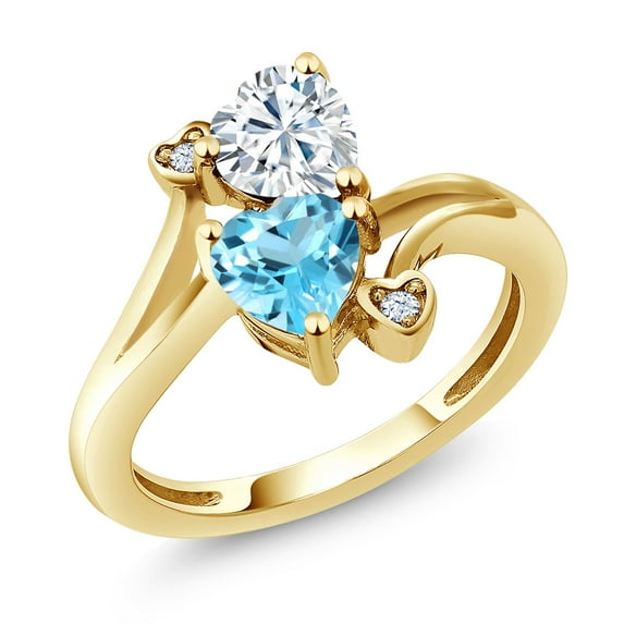 Gem Stone King 18K Yellow Gold Plated Silver White Moissanite Swiss Blue Topaz Ring for Women (1.78 Cttw, Heart Shape 6MM, Gemstone Birthstone, Size 6)