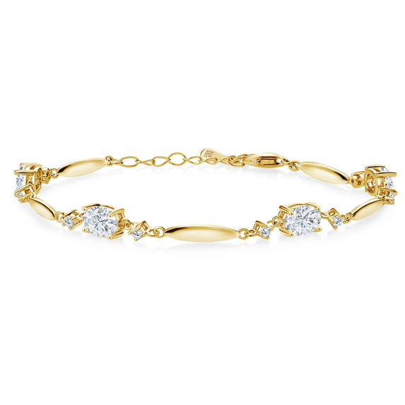 Gem Stone King 18K Yellow Gold Plated Silver White Moissanite Tennis Bracelet for Women | 3.90 Cttw | Gemstone | Oval 7X5MM | 6 inch + 1 inch Extender