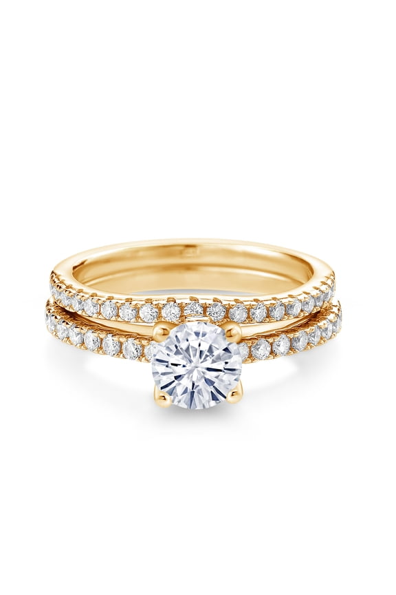 18K Yellow Gold Plated Silver White Moissanite Wedding Engagement Band Bridal Set Ring for Women (1.29 Cttw, Gemstone, Available in Size 5, 6, 7, 8, 9)
