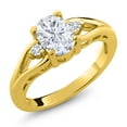 thumbnail image 1 of Gem Stone King 18K Yellow Gold Plated Silver White Moissanite and White Lab Grown Diamond 3 Stone Engagement Ring for Women | 1.58 Cttw | Oval 8X6MM | Round 2MM | Gemstone Birthstone | Size 5, 1 of 5