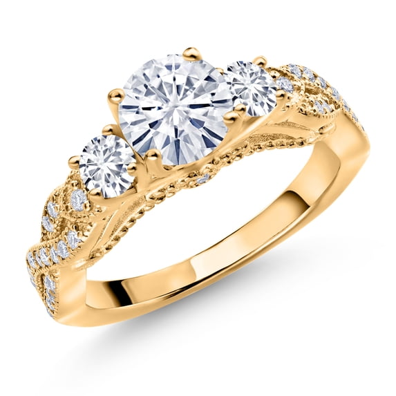 Gem Stone King 18K Yellow Gold Plated Silver White Moissanite and White Lab Grown Diamond Engagement Ring for Women (1.27 Cttw, Gemstone, Round 6MM and 3MM, Size 7)