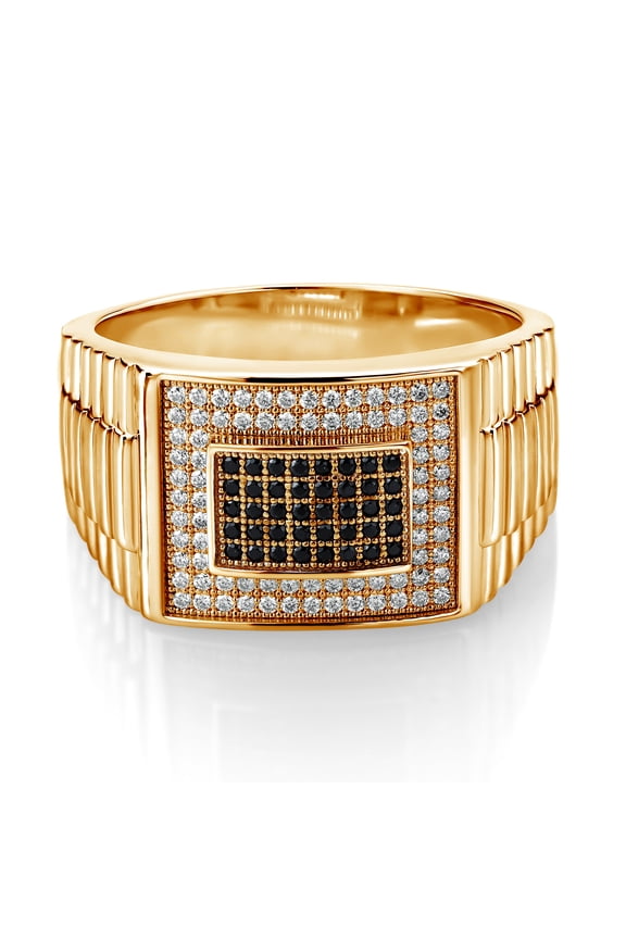 18K Yellow Gold Plated Silver White Moissanite and Black Spinel Ring for Men (0.68 Cttw, Gemstone, Round, Size 7)