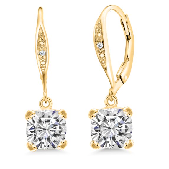 Gem Stone King 18K Yellow Gold Plated Silver White Moissanite and White Diamond Earrings for Women (3.41 Cttw, Gemstone Birthstone, Cushion 7MM)