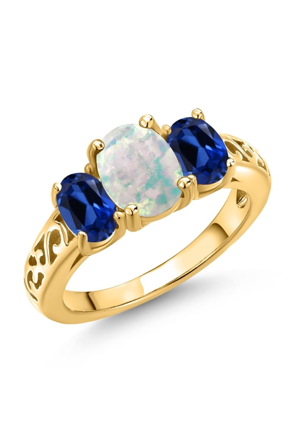 18K Yellow Gold Plated Silver White Opal and Blue Created Sapphire Filigree Style 3 Stone Ring for Women (2.20 Cttw, Oval 8X6MM and 6X4MM) (Size 7)