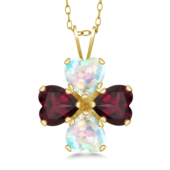 Gem Stone King 18K Yellow Gold Plated Silver White Opal and Red Rhodolite Garnet 4 Heart Shape Gemstone October Birthstone Pendant Necklace for Women (2.94 Cttw, 6MM Heart, with 18 inch Silver Chain)
