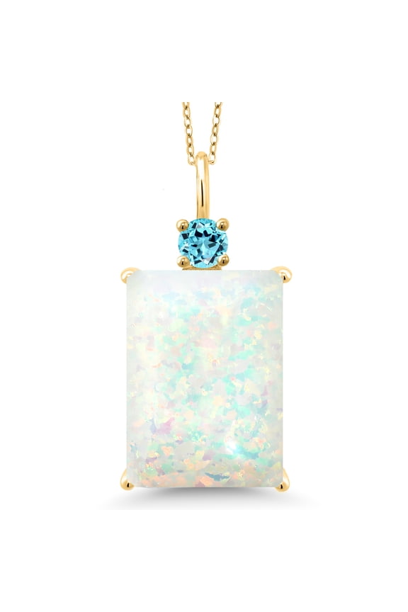 18K Yellow Gold Plated Silver White Opal and Swiss Blue Topaz Pendant Necklace for Women (5.02 Cttw, Emerald Cut Cabochon 18X13MM, With 18 inch Silver Chain)