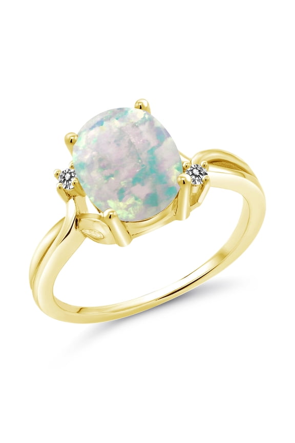 18K Yellow Gold Plated Silver White Opal and White Diamond 3 Stone Ring for Women (1.73 Cttw, Oval Cabochon 10X8MM, Gemstone October Birthstone, Size 9)