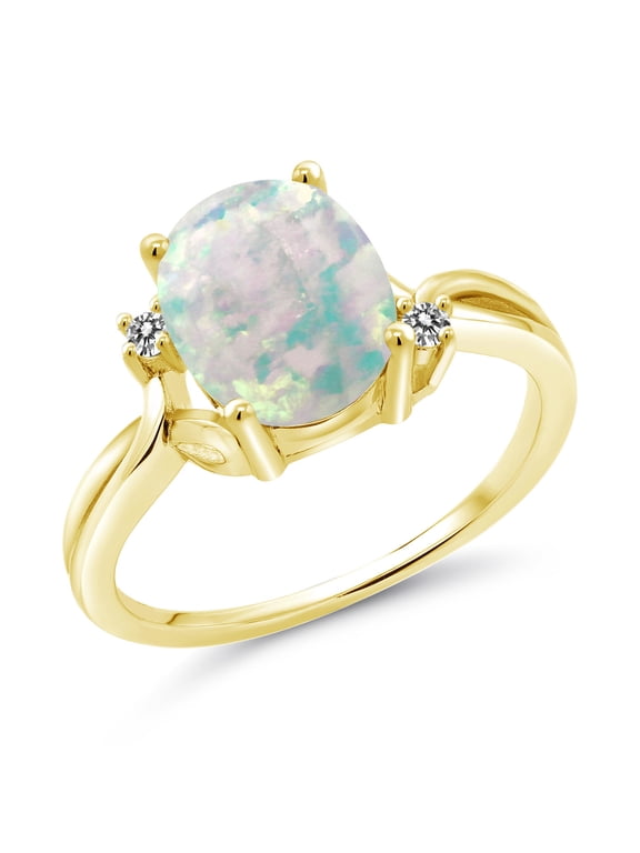 18K Yellow Gold Plated Silver White Opal and White Diamond 3 Stone Ring for Women (1.73 Cttw, Oval Cabochon 10X8MM, Gemstone October Birthstone, Size 5)
